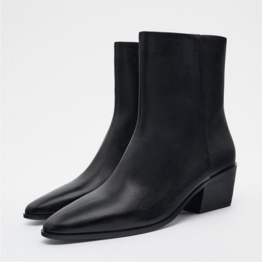 Zara Block Heel Leather Ankle Boots